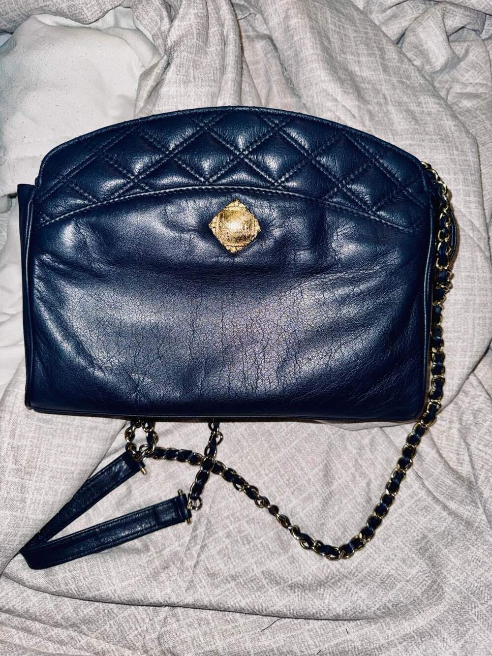 Vintage Monet Quilted Leather Crossbody Shoulder Bag Blue Gold Chain